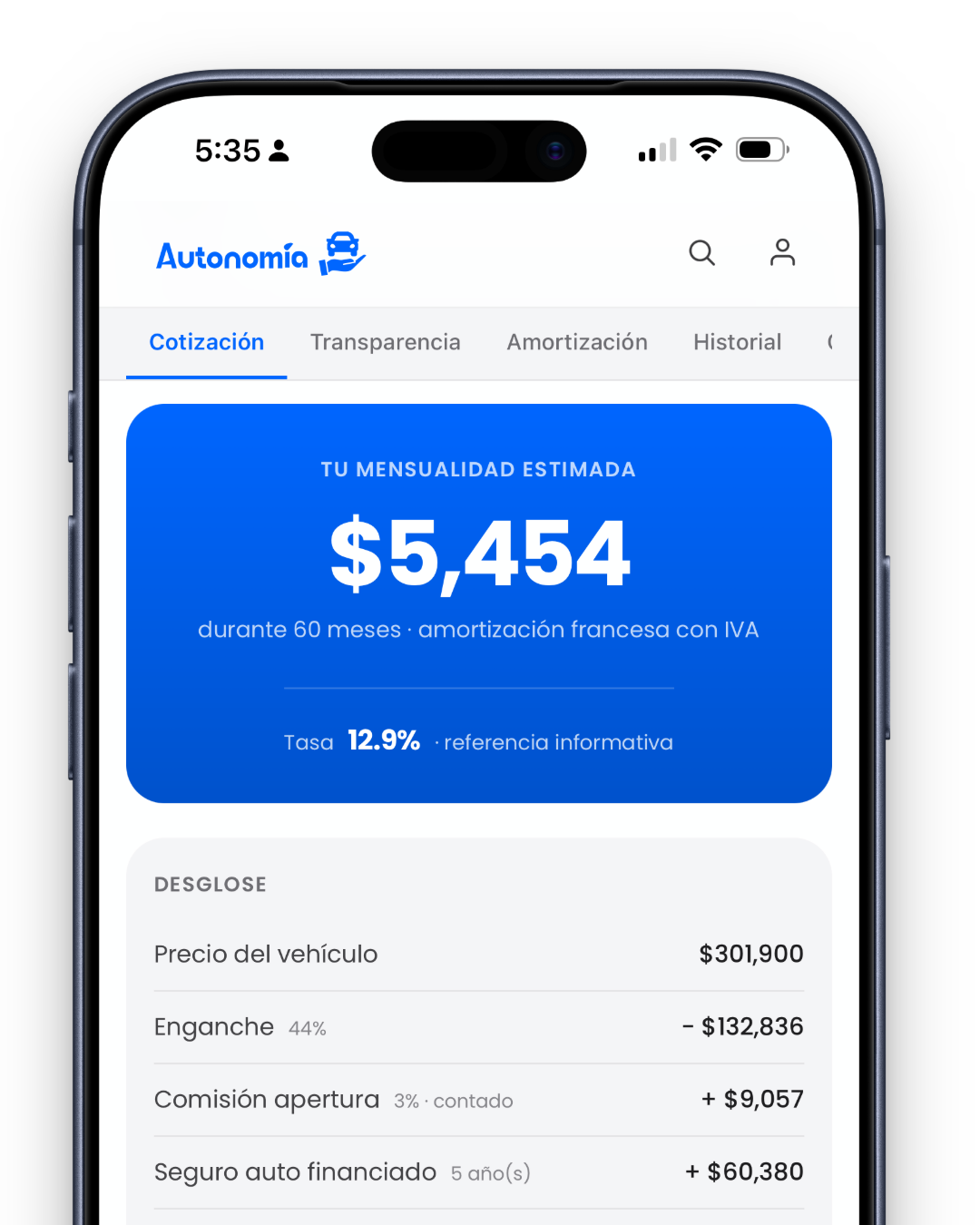Vista previa del cotizador Autonomía en móvil